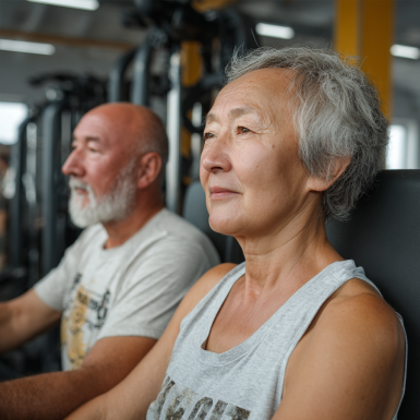 Дружная группа пожилых людей в спортзале